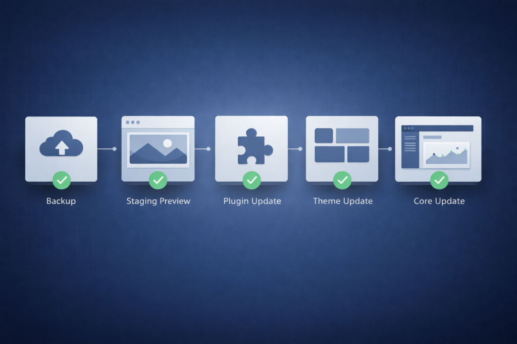 Structured process for safely updating WordPress without breaking a website
